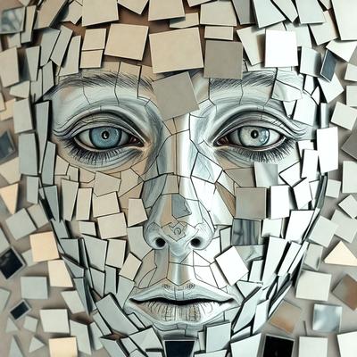 The primary subject of the image is a close-up of a face, which appears to be made of various mirrors and shards of glass. The face is surrounded by a collage of mirrors, creating a unique and intriguing visual effect. The setting is a room with a wall covered in mirrors, which adds to the overall atmosphere of the image. The visual style is a combination of digital art and illustration, as the face is created using mirrors and shards of glass, giving it a distinct and artistic appearance